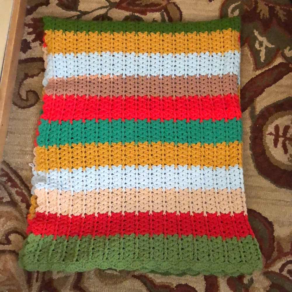 VTG 70s Crochet Afghan Handmade Grandma 57”x74” OpenKnit Stripe Picnic Blanket